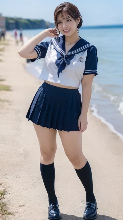 full body shot, from below,  japanese mature, 65 years old,  detailed face , smile, Facial wrinkles,  detailed skin texture ,  white skin, (curvy body:1.5), (earrings,  Necklaces ,  high school uniform ,  sailor suit , sailor collar,  Navy Blue Pleated Miniskirt,JK_style,short-sleeved JK_sailor:1.2), (Short socks,  wearing loafers :1.2), ( full body shot from toe to head wearing black high heels,  standing on the seaside , standing:1.2), ( surrealism, best quality, ultra detailed, absolutely resolution, 8k, anatomically correct), depth of field, looking at viewer, tachi-e, (And),  natural light