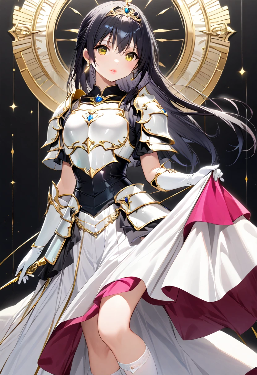 ((masterpiece)),  best quality,  Very detailed,( one girl who is at ease),Yui Kotegawa,  yellow eyes, Long Hair,  black hair,  dress, (( white knee socks like Arcelle )), Gloves,  jewelry,  clevis,  princess your toddler, elbow Gloves,  tiara , brooch, white Gloves、Adult women、thin、 VERY BEAUTIFUL、 Facial beauty、 long skirt、(((black and white armor、breastplate、Shiny Armor:1.2)))、 holding a bow、 Gold Earrings 、 black hair,  yellow eyes,  pink lips、whole body