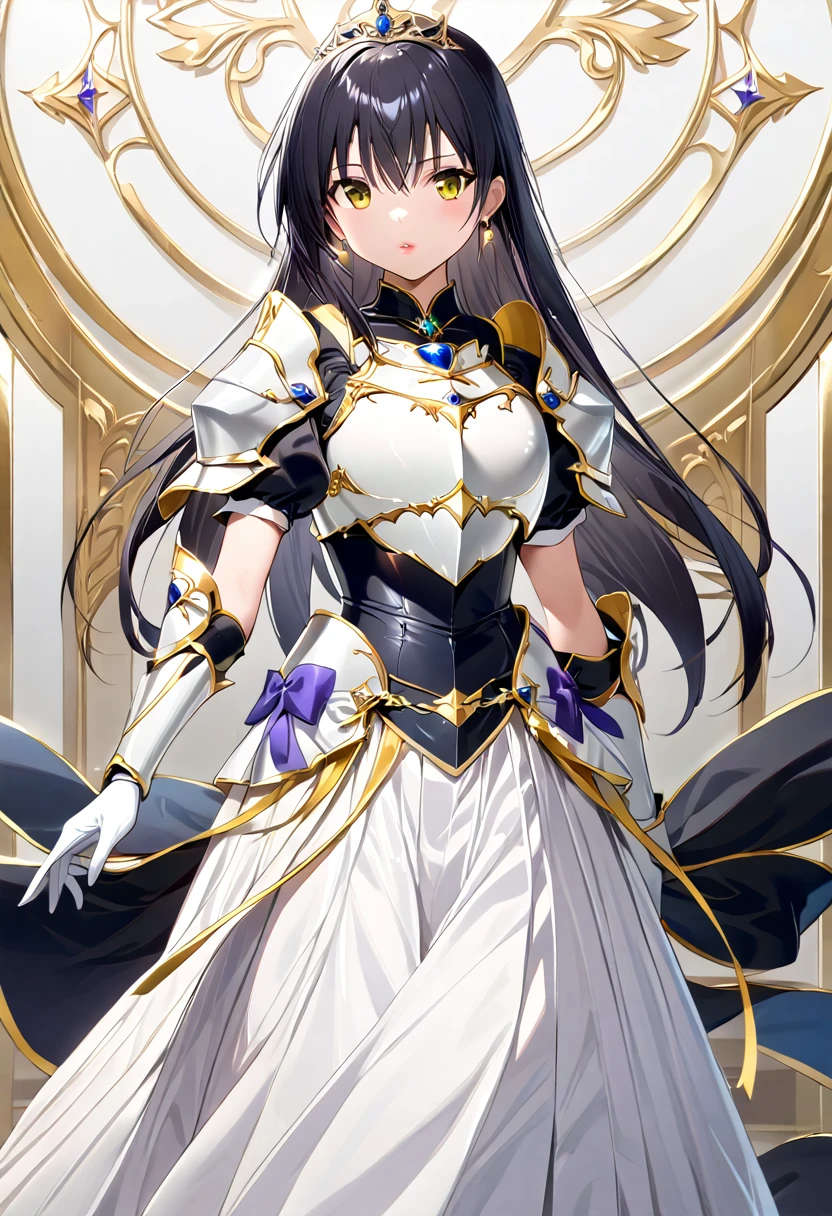 ((masterpiece)),  best quality,  Very detailed,( one girl who is at ease),Yui Kotegawa,  yellow eyes, Long Hair,  black hair,  dress, (( white knee socks like Arcelle )), Gloves,  jewelry,  clevis,  princess your ddler, elbow Gloves,  tiara , brooch, white Gloves、Adult women、thin、 VERY BEAUTIFUL、 Facial beauty、 long skirt、(((black and white armor、breastplate、Shiny Armor:1.2)))、 holding a bow、 Gold Earrings 、 black hair,  yellow eyes,  pink lips、whole body