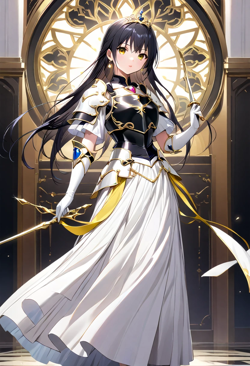 ((masterpiece)),  best quality,  Very detailed,( one girl who is at ease),Yui Kotegawa,  yellow eyes, Long Hair,  black hair,  dress, (( white knee socks like Arcelle )), Gloves,  jewelry,  clevis,  princess your toddler, elbow Gloves,  tiara , brooch, white Gloves、Adult women、thin、 VERY BEAUTIFUL、 Facial beauty、 long skirt、(((black and white armor、breastplate、Shiny Armor:1.2)))、 holding a bow、 Gold Earrings 、 black hair,  yellow eyes,  pink lips、whole body