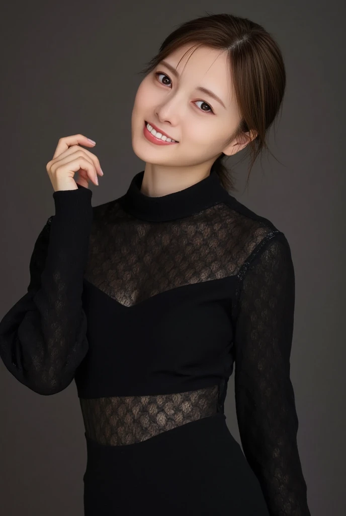 8k, RAW Photo, Best Quality, Masterpiece:1.2),(Realistic, photo-realistic:1.37), Super Detail, She is wearing tight fitting transparent black long sleeve leggings turtleneck, no pants, thin black pantyhose, thin black pantyhose,cinematic lighting, sexy pose, monotone background, facing front, portrait 
