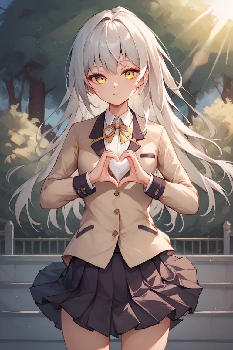 1girl, core_9, score_8_up, score_7_up, looking at viewer, cowboy shot, 
yellow eyes, white hair, long hair, beige blazer,  school uniform, jacket, skirt, ribbon, 
small breasts, heart hands
outdoors, school, school yard, sunlight,