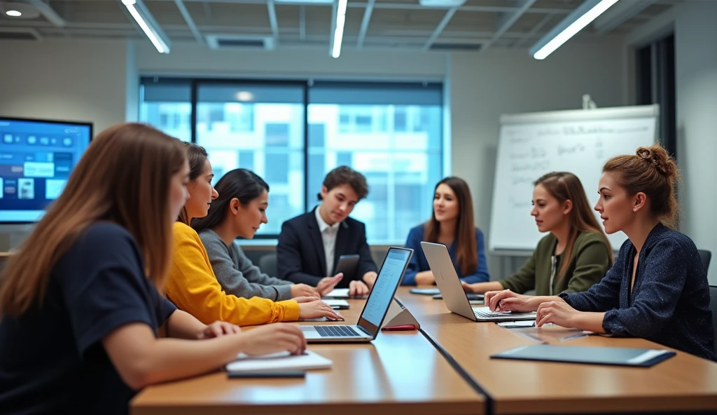 A lively training environment with young students attentively learning while trainers are actively explaining concepts. The setting features modern classrooms with desks, laptops, whiteboards, and projectors. Students are engaged in discussions, taking notes, and interacting with the trainers in a vibrant, professional atmosphere.