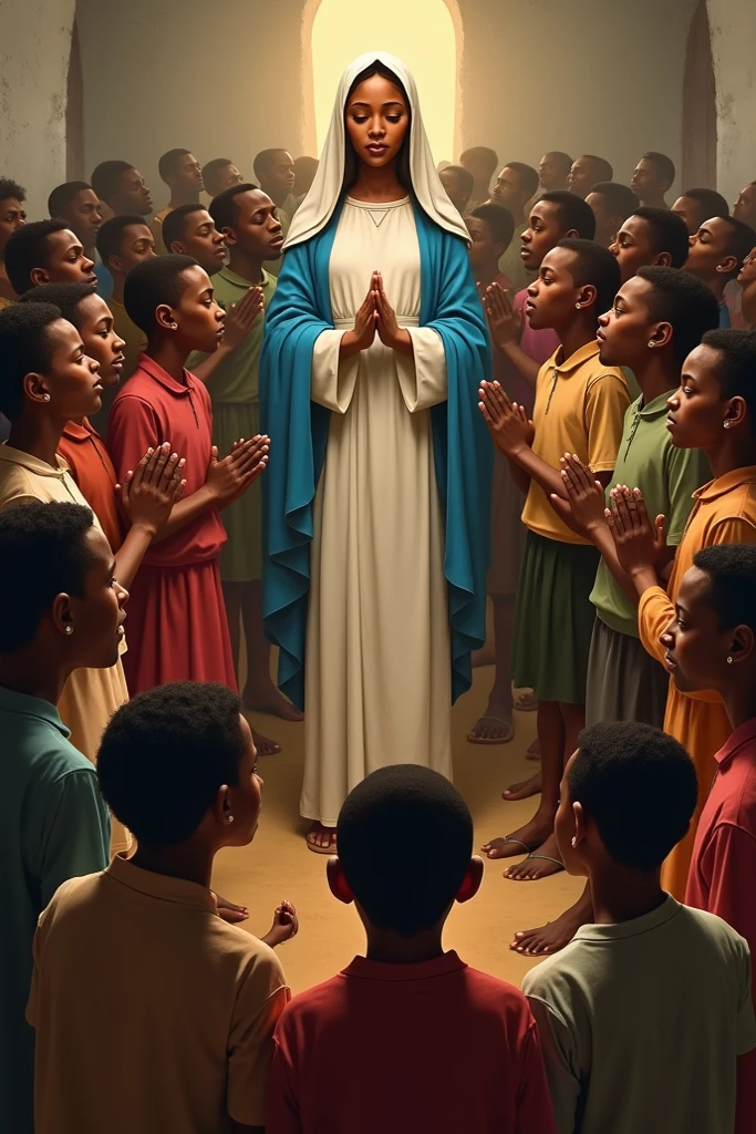 Generate image of black children, brown and white people praying the rosary in a circle and in the middle of the image the title "Rosary of the children who pray"