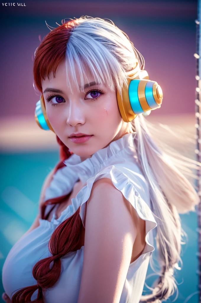 masterpiece Uta, one piece \(series\), Anime art style, masterpiece, Elegant white dress, Long red and white hair, One girl, alone, headphone, Red eyes, Looking at the audience, Beautiful Face, Detailed face, Mouth closed, Photo: Central body, elbow sleeve, Eyes visible through hair, Medium chest, V-shaped eyebrows, Detailed Background, Outdoor, Beach, null, (Super detailed), (8k, Complex), (85mm), Particles of light, Day, whole body, (Very detailed:1.2), (Gradation), SFW, colorful, (Detailed Background), (The rule of thirds_composition:1.3), (Course of action:1.2), Daylight, alone
