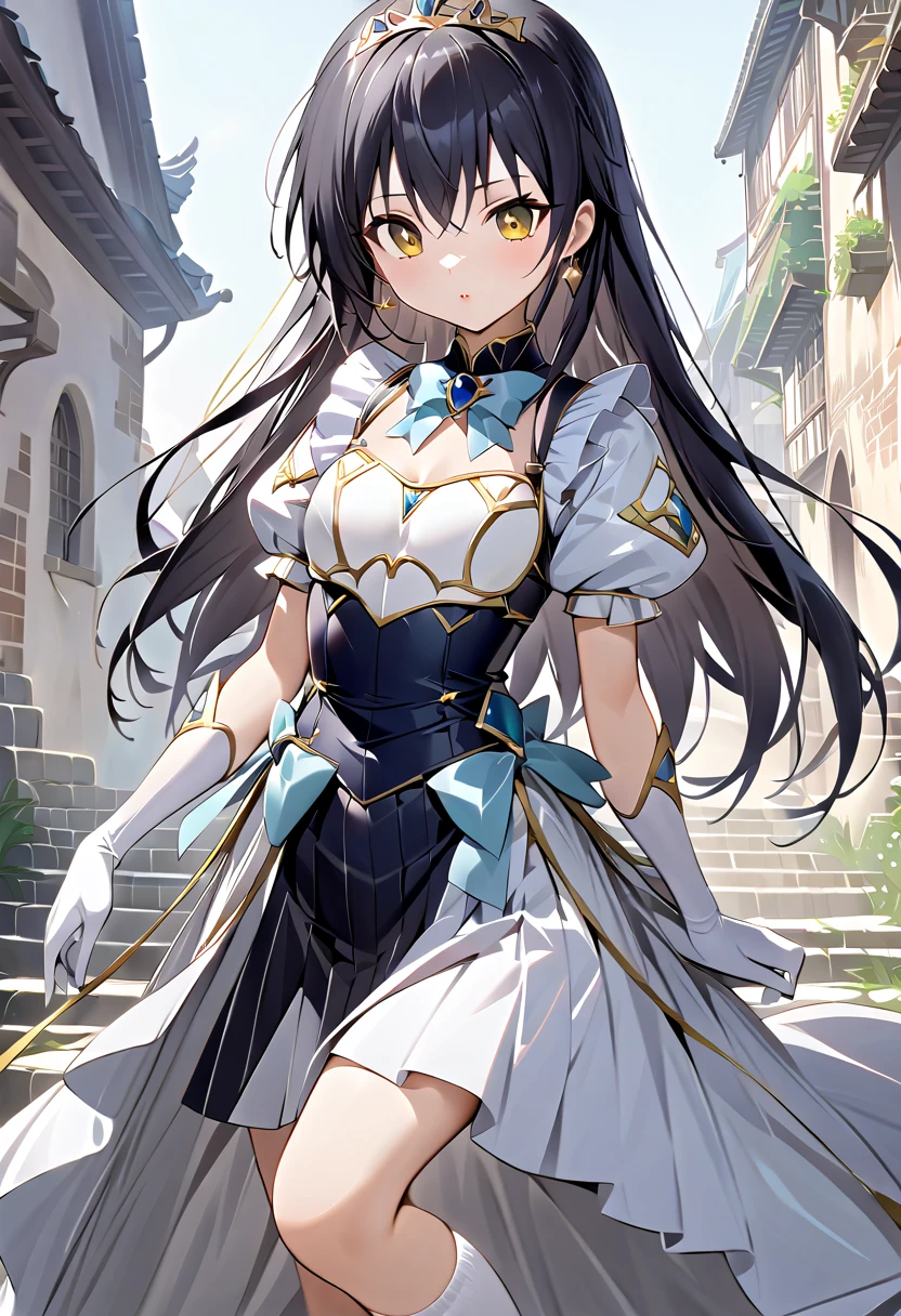 ((masterpiece)),  best quality,  Very detailed,( one girl who is at ease),Yui Kotegawa,  yellow eyes, Long Hair,  black hair,  dress, (( white knee socks like Arcelle )), Gloves,  jewelry,  clevis,  princess your ddler, elbow Gloves,  tiara , brooch, white Gloves、Adult women、thin、 VERY BEAUTIFUL、 Facial beauty、 long skirt、(((black and white armor、breastplate、Shiny Armor:1.2)))、 holding a bow、 Gold Earrings 、 black hair,  yellow eyes,  pink lips、whole body