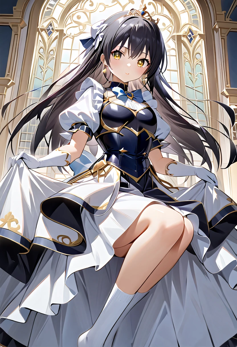 ((masterpiece)),  best quality,  Very detailed,( one girl who is at ease),Yui Kotegawa,  yellow eyes, Long Hair,  black hair,  dress, (( white knee socks like Arcelle )), Gloves,  jewelry,  clevis,  princess your toddler, elbow Gloves,  tiara , brooch, white Gloves、Adult women、thin、 VERY BEAUTIFUL、 Facial beauty、 long skirt、(((black and white armor、breastplate、Shiny Armor:1.2)))、 holding a bow、 Gold Earrings 、 black hair,  yellow eyes,  pink lips、whole body