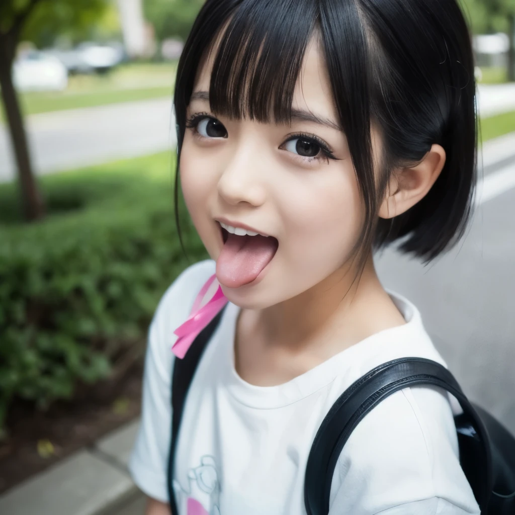 ,collared shirt,Short sleeve,pleated skirt,tie,Navy blue socks,(open mouth:1.5),(tongue out:2),dim,Alley,stand,Hands under the chin,front view,cowboy shot,from above(1girl,Beautiful 14 year old girl,teenager),((Slender,Small breasts,Small face,)),(looking at viewer),Black Hair,bangs,straight,Beautiful and detailed