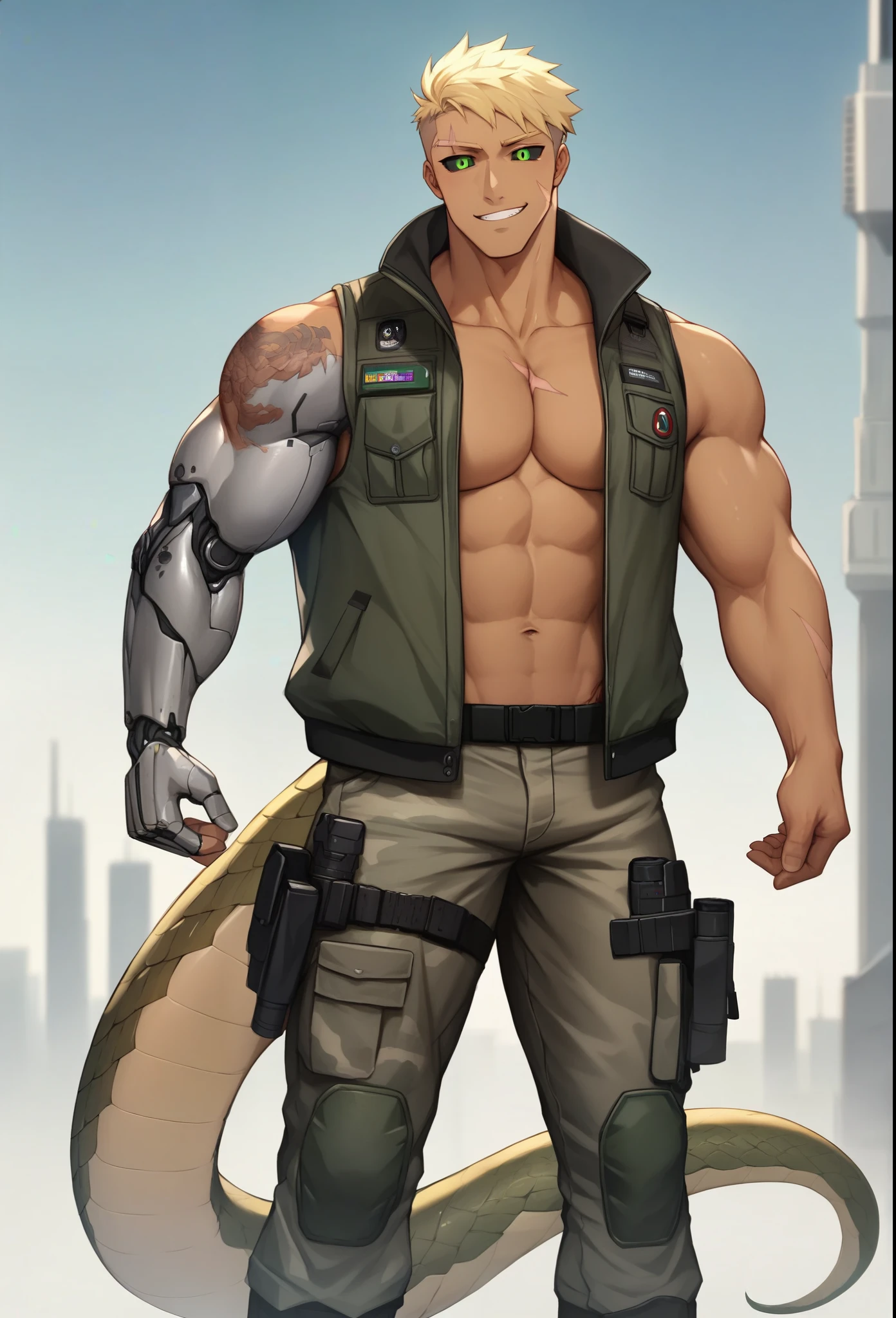 best quality, masterpiece, extremely detailed, close up of muscular man, rugged windswept hair, , male, adult, very masculine, (very muscular, biceps, strong chest, big pectorals, heavyweight:1.2), correct anatomy Short blonde hair, tanned skin, Eyes: Slitted green eyes, black sclera, muscular wide Broad-shoulderd tanned human. Broad shoulders, snake scales, scales on body, forearms, and shoulders, scars, tattoos, cropped blonde hair, camo pants, combat boots, fingerless gloves, (( jacket)) , Anaconda/Human Hybrid, Reptilian, Scaly, Scales, Tail, Reptile tail, giant tail, Smirking, City in background, Standing prepared, weapon holsterd, tail, reptilian features, scales, scales, ((scaly)),  ((Cybernetic arm)) (cyberpunk)