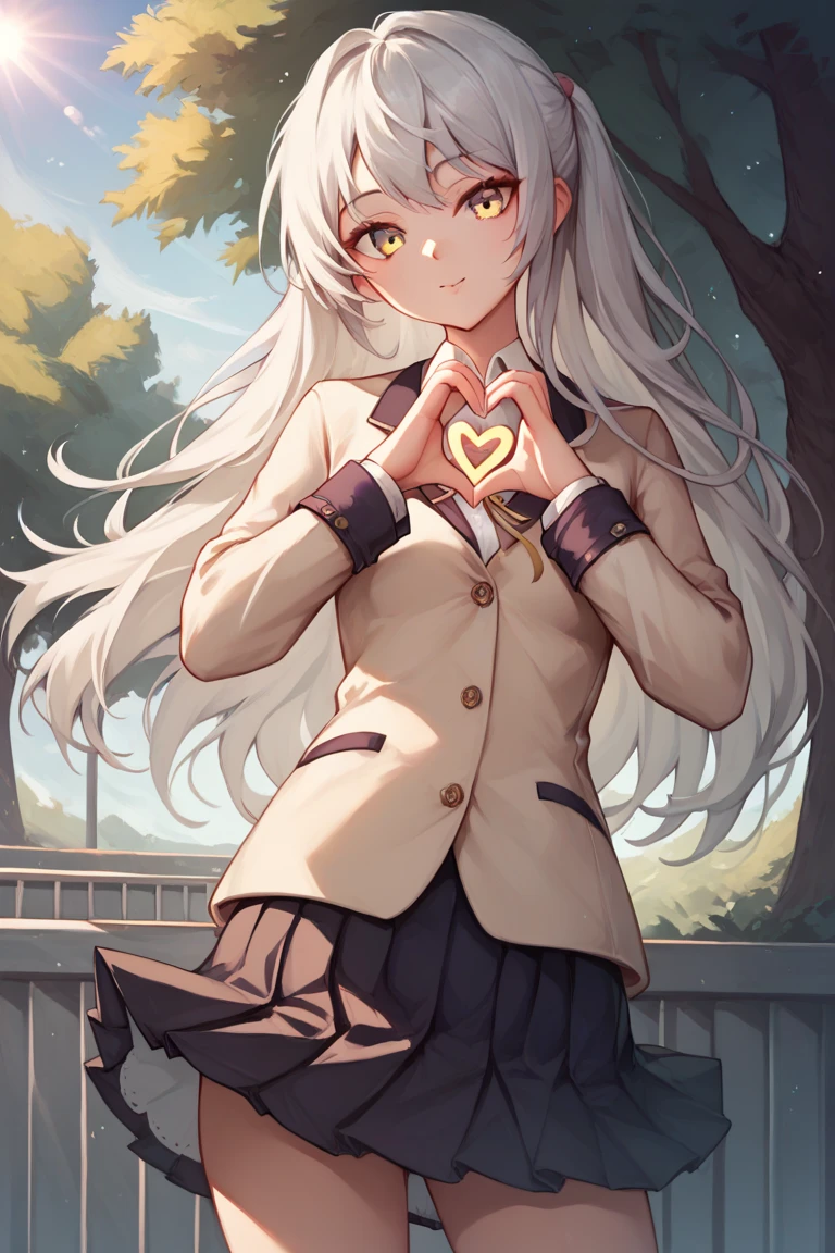 1girl, core_9, score_8_up, score_7_up, looking at viewer, cowboy shot, 
yellow eyes, white hair, long hair, beige blazer,  school uniform, jacket, skirt, ribbon, 
small breasts, heart hands
outdoors, school, school yard, sunlight,