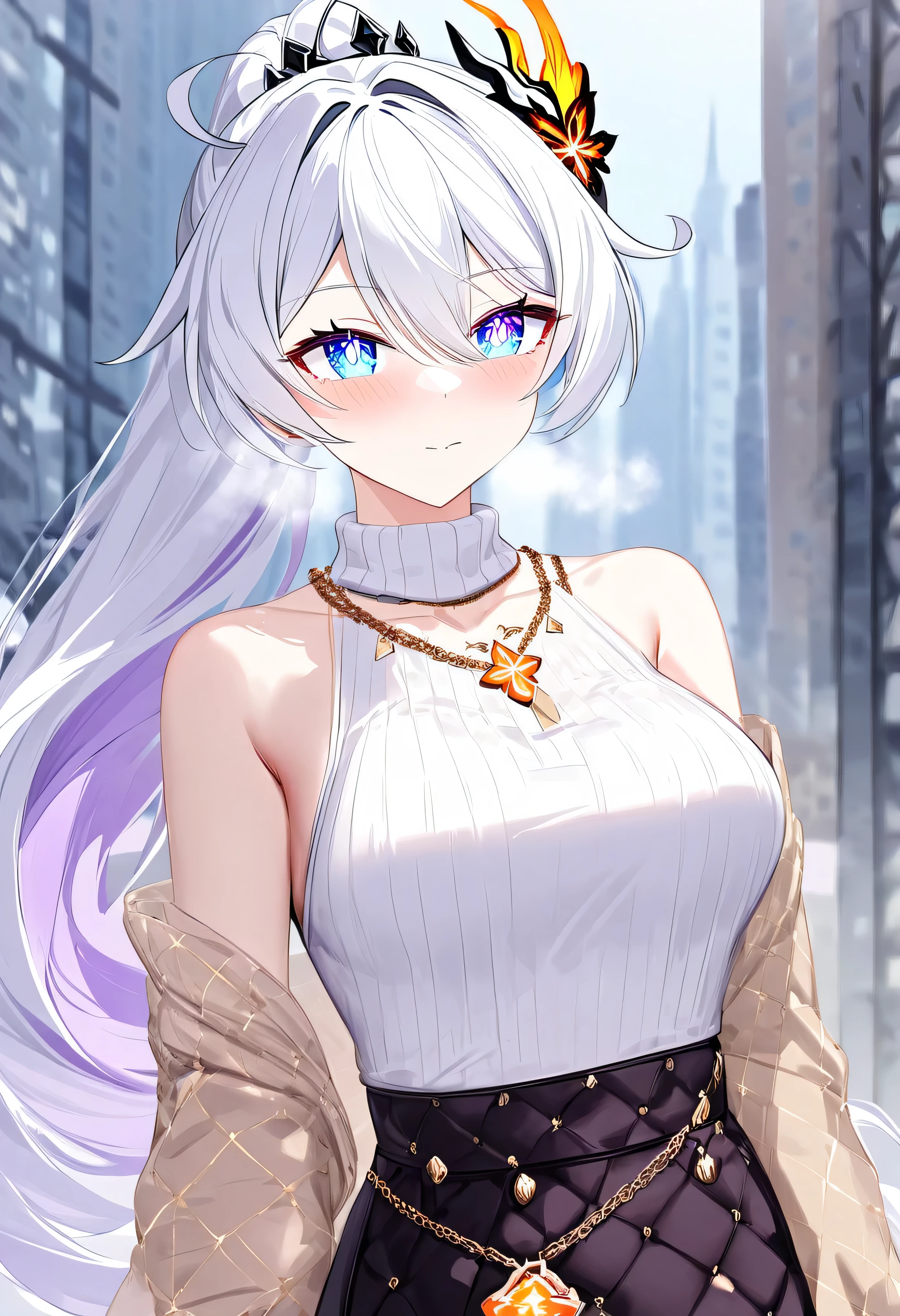 score_9, score_8_up, score_7_up, masterpiece, best quality, absurdres, vibrant, highly detailed, 1girl, adult grown woman, kiana kaslana \(honkai impact 3rd\), herrscher of finality, white hair, ahoge, ponytail, very long hair, blue eyes, symbol-shaped pupils, blush, closed mouth, heavy breathing, stylish urban outfit, sleeveless white turtleneck top, plum high-waisted skirt with gold buttons, black quilted crossbody bag with gold chain strap, diamond-patterned beige shawl, elegant layered bracelet, minimal gold medallion necklace, casual drink accessory, modern city fashion aesthetic, chic and confident style