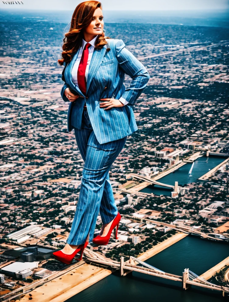 A sophisticated and stylish woman in a light blue pinstriped trouser suit, white shirt, and a large wide yellow paisley necktie in a windsor knot, with a beautiful, curvaceous figure, massive breasts, and long ginger hair, with a curvaceous figure and massive breasts. wearing red rounded platform high heels with uncovered feet and standing, rampage-like pose, with a cityscape background of mega-city, partially obscured by a hazy, cloudy atmosphere. The image is a high-resolution, masterpiece-quality, cinematic, ultra-detailed, and hyper-photorealistic photograph, with perfect hands, face, and lighting. ultra-detailed, 8K, photo-realistic, hyper-realistic, masterpiece, intricate details, full body view. Looking at camera, The image is a high-resolution, masterpiece-quality, cinematic, ultra-detailed, and hyper-photorealistic photograph, with perfect hands, face, and lighting. ultra-detailed, 8K, photo-realistic, hyper-realistic, masterpiece, intricate details, full body view