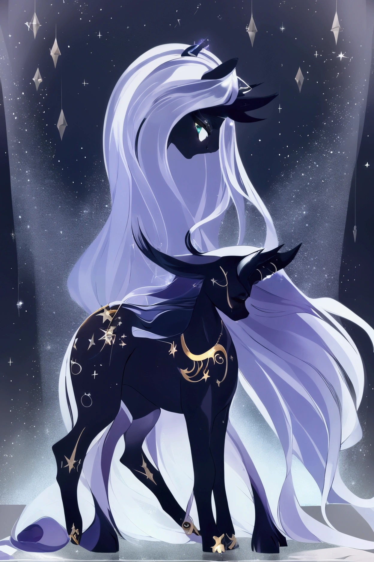 This unicorn pony has a deep charcoal gray coat (#2E2E2E) with a subtle shimmering effect, exuding a mystical aura. Her long, wavy mane and tail are a rich black (#000000) with delicate moonlit silver streaks (#D3D3D3), giving her a celestial glow. Her large, almond-shaped eyes are soft lavender (#C7A6D8), framed by long, dark lashes. Her cutie mark features a black star (#000000) encircled by a silver crescent moon (#C0C0C0), symbolizing her magical connection to the night. She wears a small silver chain necklace (#B0B0B0) with a glowing star-shaped pendant (#F5F5F5), emitting a faint shimmer. She stands in a boutique decorated with magical, celestial-themed accents, the walls painted in deep midnight blue (#191970) with glowing constellations. The polished oak shelves (#855E42) hold shimmering tapestries and glowing sculptures, while soft golden lanterns (#FFD700) cast a warm light. Her elegant yet approachable pose reflects the whimsical and enchanting aura of the My Little Pony universe.