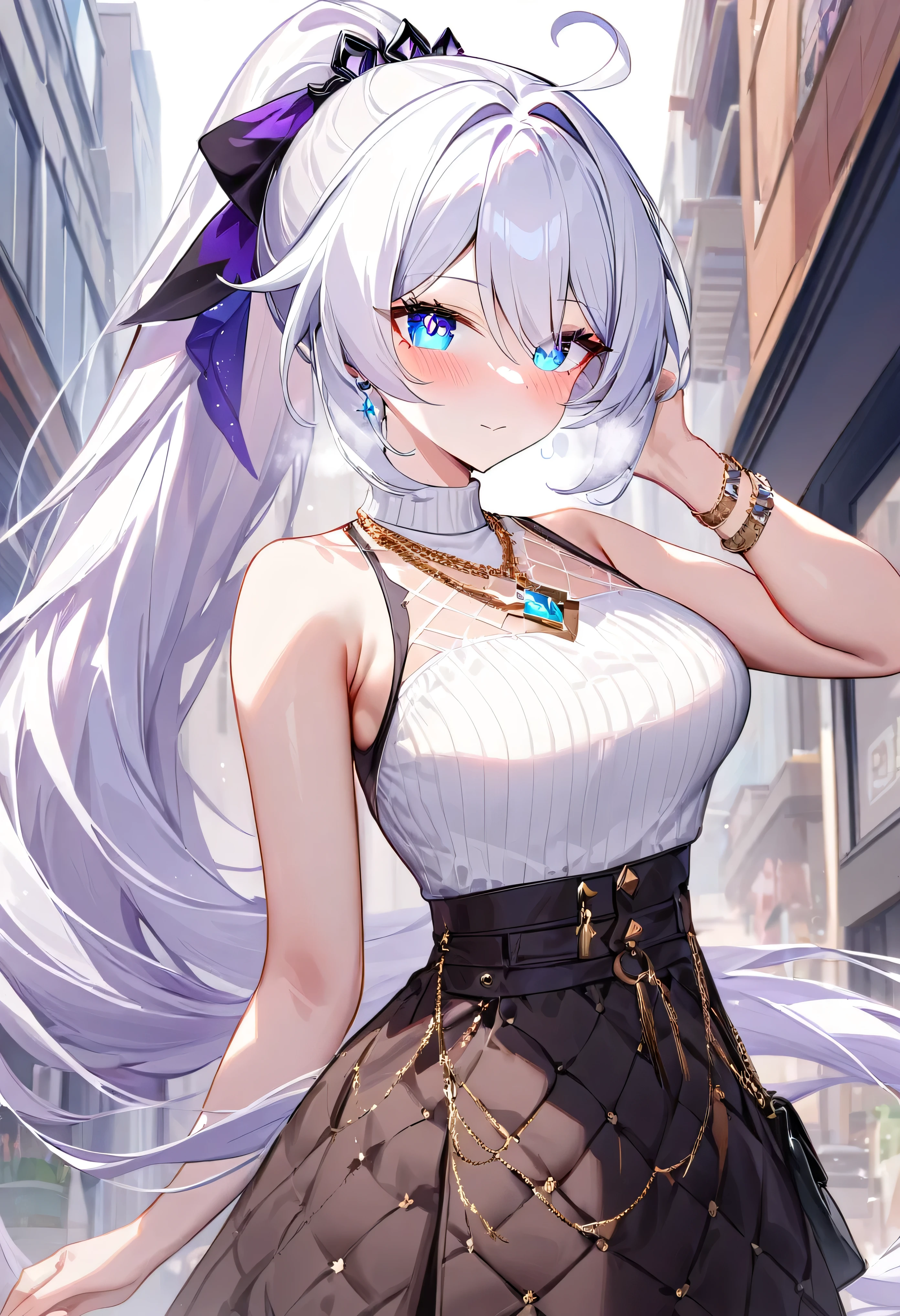 score_9, score_8_up, score_7_up, masterpiece, best quality, absurdres, vibrant, highly detailed, 1girl, adult grown woman, kiana kaslana \(honkai impact 3rd\), herrscher of finality, white hair, ahoge, ponytail, very long hair, blue eyes, symbol-shaped pupils, blush, closed mouth, heavy breathing, stylish urban outfit, sleeveless white turtleneck top, plum high-waisted skirt with gold buttons, black quilted crossbody bag with gold chain strap, diamond-patterned beige shawl, elegant layered bracelet, minimal gold medallion necklace, casual drink accessory, modern city fashion aesthetic, chic and confident style