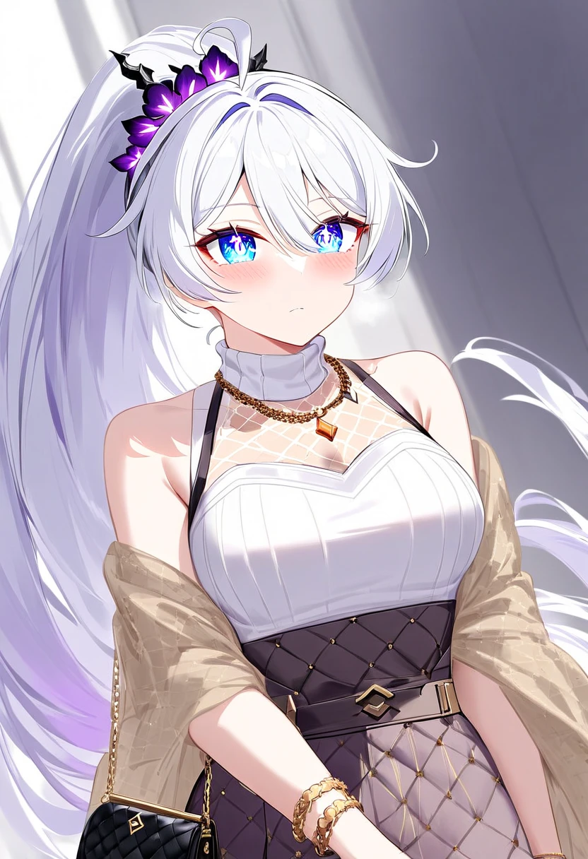 score_9, score_8_up, score_7_up, masterpiece, best quality, absurdres, vibrant, highly detailed, 1girl, adult grown woman, kiana kaslana \(honkai impact 3rd\), herrscher of finality, white hair, ahoge, ponytail, very long hair, blue eyes, symbol-shaped pupils, blush, closed mouth, heavy breathing, stylish urban outfit, sleeveless white turtleneck top, plum high-waisted skirt with gold buttons, black quilted crossbody bag with gold chain strap, diamond-patterned beige shawl, elegant layered bracelet, minimal gold medallion necklace, casual drink accessory, modern city fashion aesthetic, chic and confident style