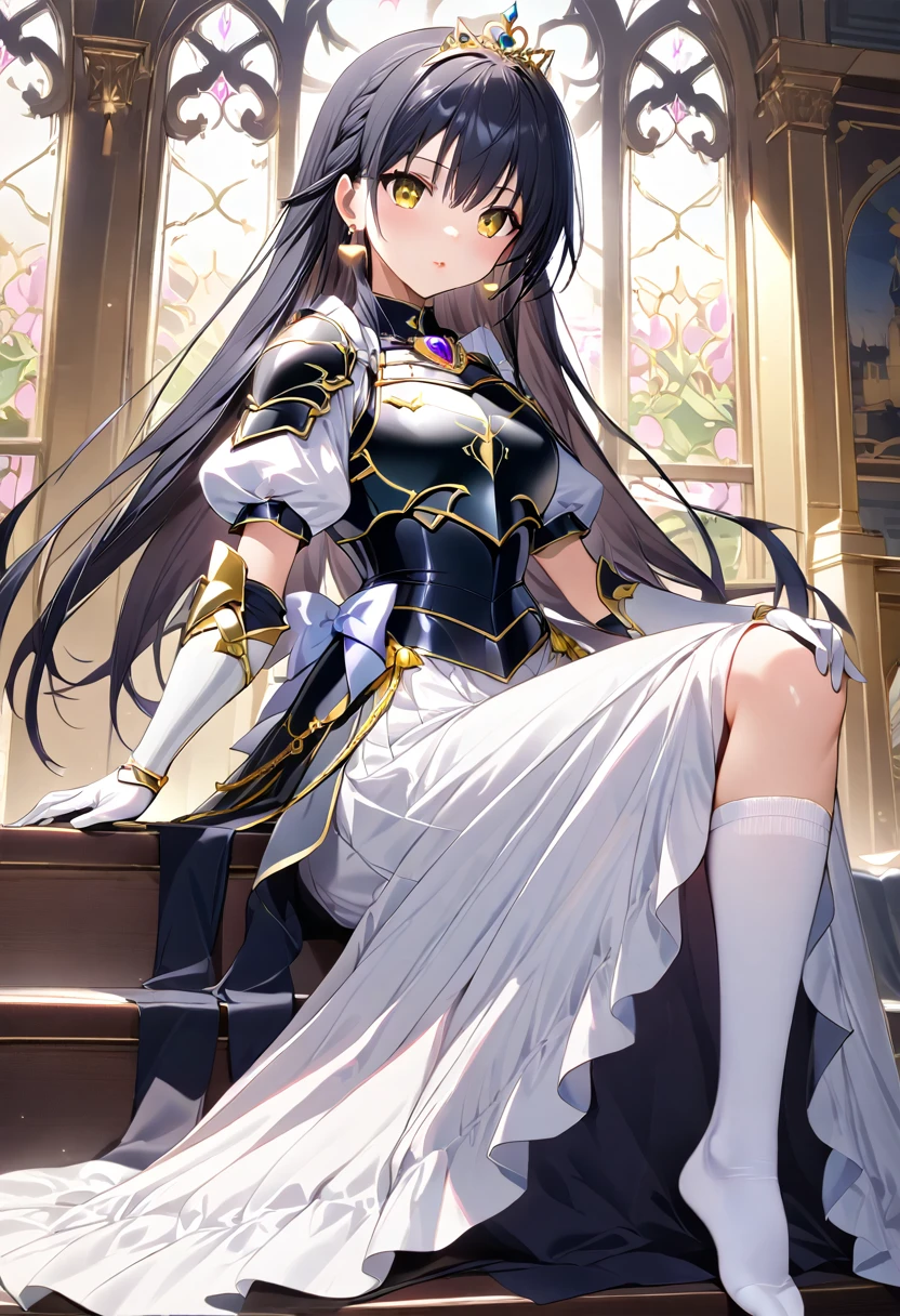 ((masterpiece)),  best quality,  Very detailed,( one woman),Yui Kotegawa, 、 yellow eyes, Long Hair,  black hair,  dress, (( white knee socks like Arcelle )), Gloves,  jewelry,  clevis,  princess your toddler, elbow Gloves,  tiara , brooch, white Gloves、Adult women、thin、 VERY BEAUTIFUL、 Facial beauty、 long skirt、(((black and white armor、breastplate、Shiny Armor:1.2)))、 holding a bow、 Gold Earrings 、 black hair,  yellow eyes,  pink lips、whole body