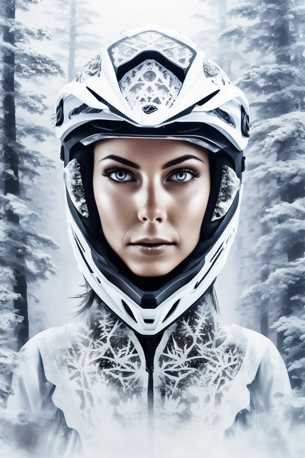 triple exposure, solid white background, mysterious silhouette forest woman,wearing enduro motocross helmet , amazing depth, masterwork, surreal, geometric patterns, intricately detailed, bokeh, perfect balanced, deep fine borders, artistic photorealism , smooth, great masterwork by head of prompt engineering,frozen ice crystals foggy
