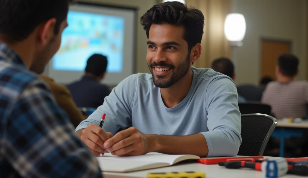 A sequence showing a young Egyptian man with distinct Egyptian features. In the first frame, he is seated in a classroom, attentively studying with a notebook and pen while an Egyptian trainer presents using a projector. In the second frame, he is confidently applying his learning in a hands-on training workshop, surrounded by practical tools and collaborating with other Egyptians.