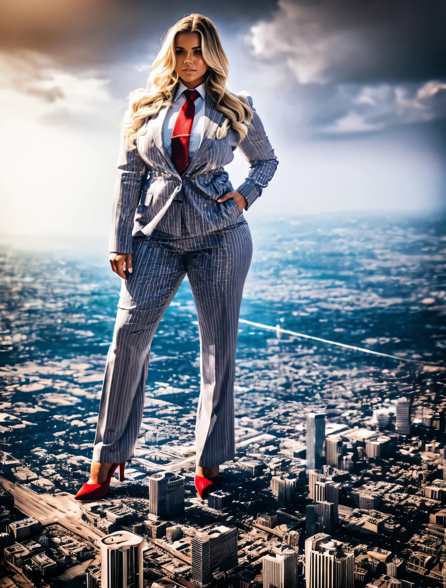 A stylish woman in a light grey pinstriped trouser suit, white shirt, and a large wide  striped necktie in a windsor knot, with a beautiful, curvaceous figure, massive breasts, and long blonde wavy hair, with a curvaceous figure and massive breasts. wearing red rounded platform high heels with uncovered feet and standing, rampage-like pose, with a cityscape background of mega-city, partially obscured by a hazy, cloudy atmosphere. The image is a high-resolution, masterpiece-quality, cinematic, ultra-detailed, and hyper-photorealistic photograph, with perfect hands, face, and lighting. ultra-detailed, 8K, photo-realistic, hyper-realistic, masterpiece, intricate details, full body view. Looking at camera, The image is a high-resolution, masterpiece-quality, cinematic, ultra-detailed, and hyper-photorealistic photograph, with perfect hands, face, and lighting. ultra-detailed, 8K, photo-realistic, hyper-realistic, masterpiece, intricate details, full body view