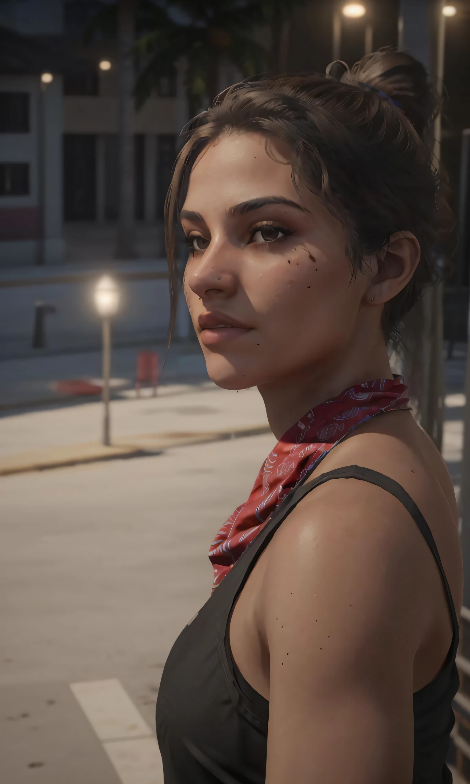 There is a woman standing on the street with a red scarf - SeaArt AI