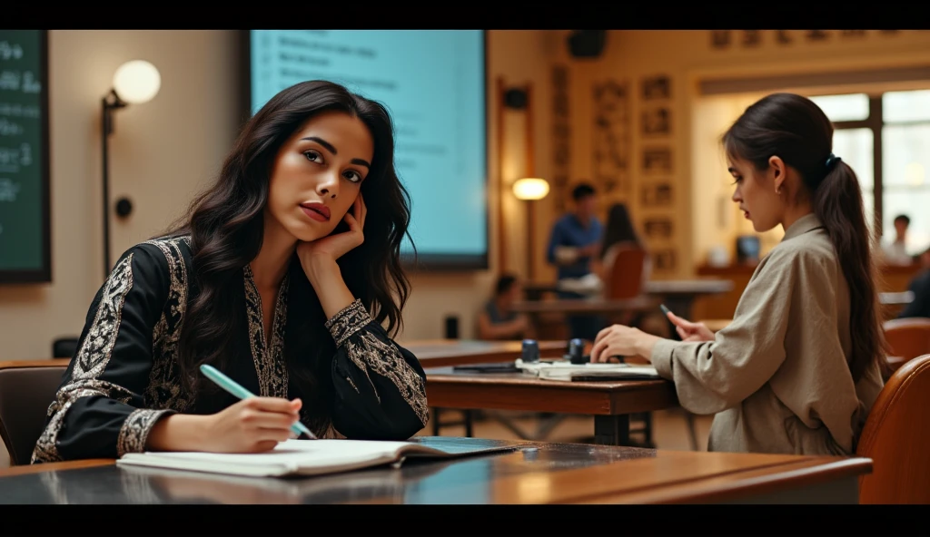 A sequence showing a young Egyptian woman with distinct Egyptian features. In the first frame, she is seated in a classroom, attentively studying with a notebook and pen while an Egyptian trainer presents using a projector. In the second frame, she is confidently applying her learning in a hands-on training workshop, surrounded by practical tools and collaborating with other Egyptians.
