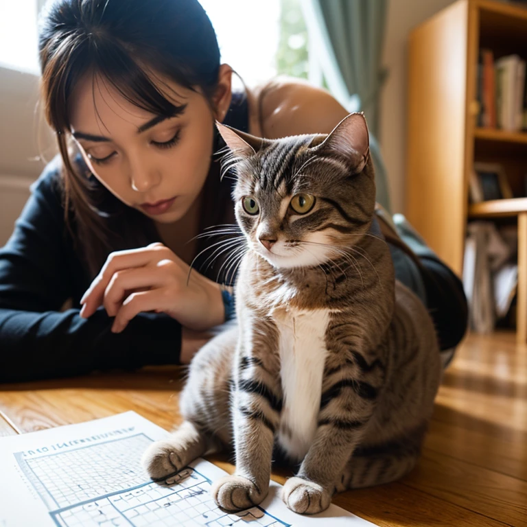 A cat watches from her perch as her female owner does a crossword puzzle 