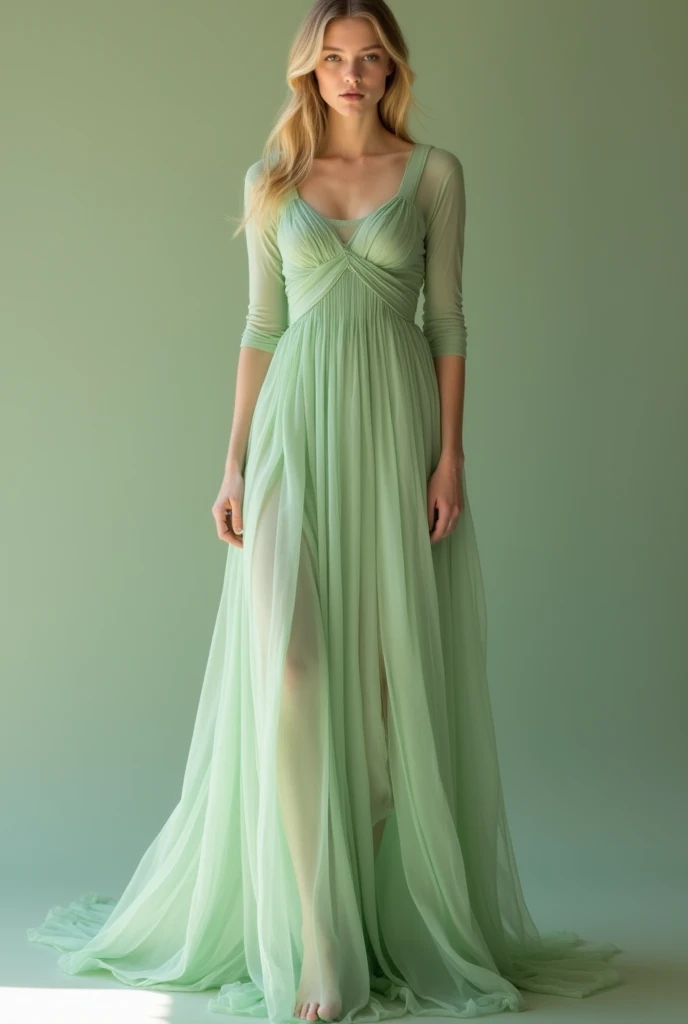 (Best Quality, 8K, 32K, masutepiece, nffsw:1.2),Photo of Pretty Japanese woman, 1girl in, (medium-short dark brown hair), 二重まぶた, Fashion Model, Beautiful legs, Contemporary Cut,Unique maxi very wet light green dress with slit, Off-shoulder, Stand tall, Full body, see through,,See-through_blouse,Breast_Paste