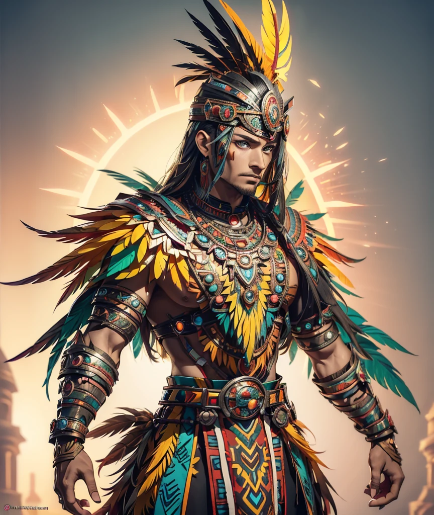 "1boy solo, Masterpiece, A majestic humanoid god with native brazilian indigenous brown skin, , adorned with some blue macaw simetric feathers, human body and face, macaw make-up; dressed in a tupi-guarani outfit, wearing a macaw crown, set against a simple background, Full body picture, cinematographic angle"