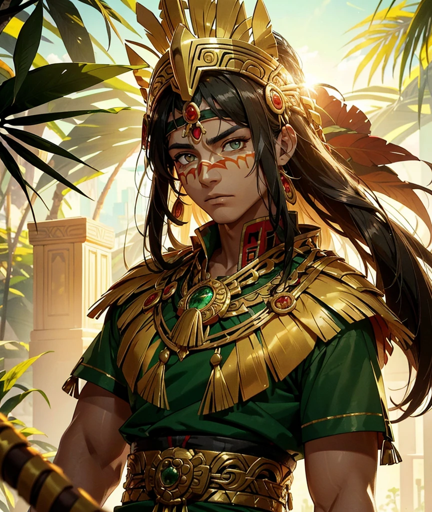 in an amazonian golden city  a beautiful man walks lightly. he has a traditional outfit of Aztec people his eyes are visible. he has magnificent ultra detailed golden eyes, his pupils are dilated and isr iris ultra detailed and a magnificent amber color with shades of yellow and green. his gaze is intense and warm. there are a golden city everywhere around him. the environment is hostile to life. he stands facing and looks to the side towards the setting sun. close-up on his gaze. his outfit is a beautiful océan green color. he wears red native amazonian  people makeup around his eyes which has the effect of multiplying the beauty and magnificence of his deep and burning gaze.