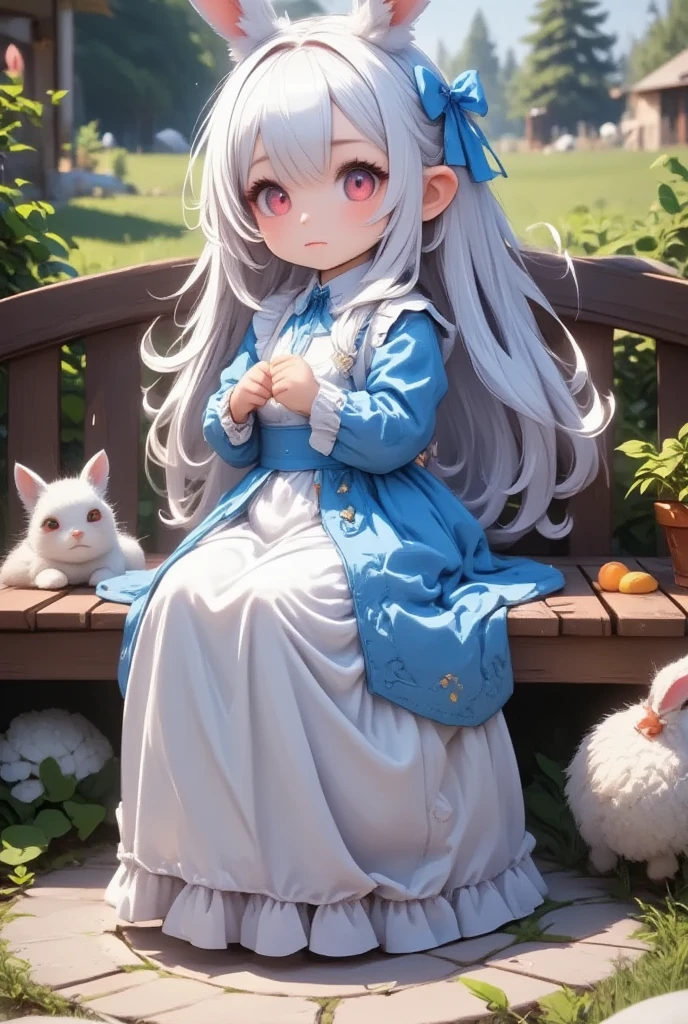 ( best quality, very detailed depiction, incredible high resolution),Rural Scenery:2.0, 1 girl ,(Chibi,cute, smaller,Blue Hair, very long hair,bangs,Bunny ears,Red eyes,Big Eyes, Beautiful Sparkling Eyes , white skin,Big hair ribbon,Blue Princess Dress,wired skirt,Chest, full body image ),Fairy tale background,Smiling Face,High quality anime drawings,Japanese white radishを手に持っている:2.0,Japanese white radish:2.0, sheep herd,