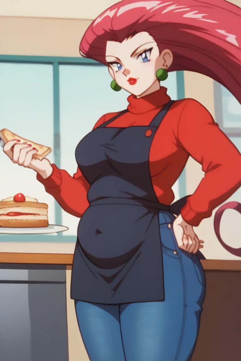 PM jessie, red hair, ponytailhair, red lipstick, blue eyes, prominent neck, uncovered neck, earrings, ( wear a black coloured cafeteria worker apron, form fitting long apron), ((wear a scoop neckline sweater)),( wear a wide fit jeans), standing on a counter, give you a toast, gained some weight, slightly chubby belly, close up, tall height, fair skin, POV buying a toast, pov close up to viewer,