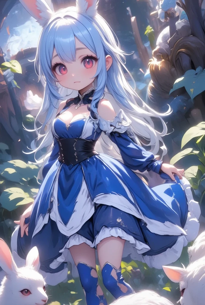 ( best quality, very detailed depiction, incredible high resolution),Rural Scenery:2.0, 1 girl ,(Chibi,cute, smaller,Blue Hair, very long hair,bangs,Bunny ears,Red eyes,Big Eyes, Beautiful Sparkling Eyes , white skin,Big hair ribbon,Blue Princess Dress,wired skirt,Chest, full body image ),Fairy tale background,Smiling Face,High quality anime drawings,Japanese white radishを手に持っている:2.0,Japanese white radish:2.0, sheep herd,