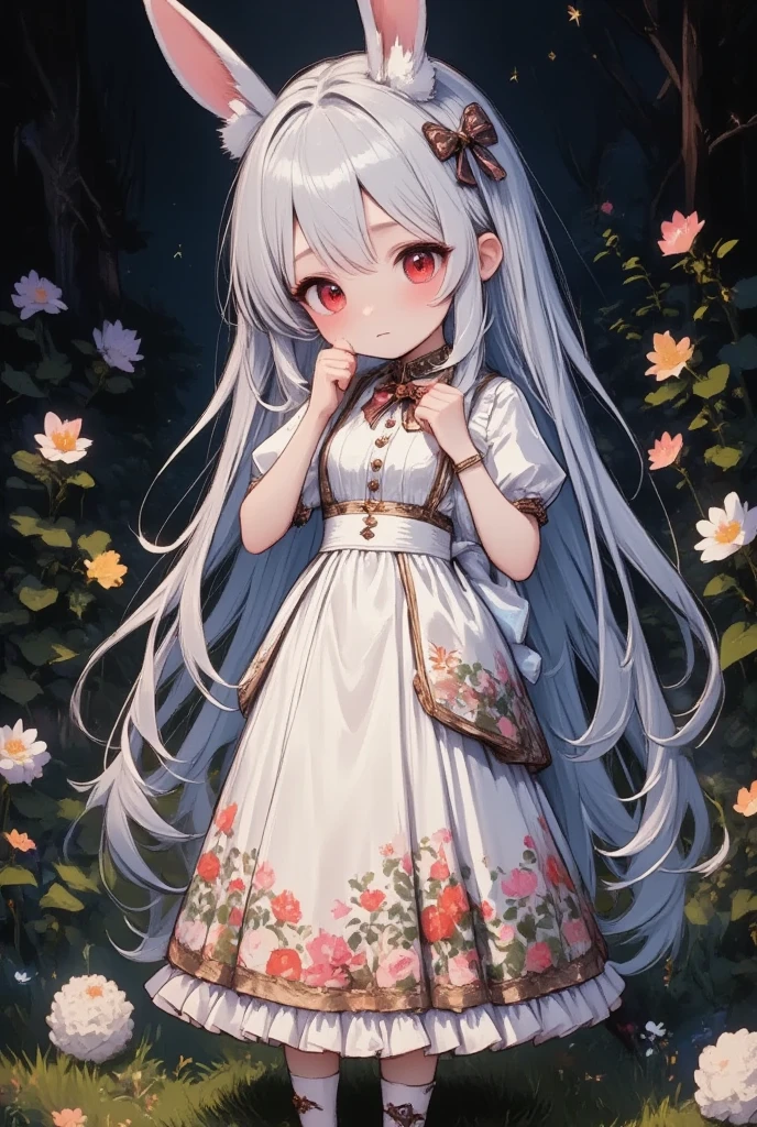 ( best quality, very detailed depiction, incredible high resolution),Rural Scenery:2.0, 1 girl ,(Chibi,cute, smaller,Blue Hair, very long hair,bangs,Bunny ears,Red eyes,Big Eyes, Beautiful Sparkling Eyes , white skin,Big hair ribbon,Blue Princess Dress,wired skirt,Chest, full body image ),Fairy tale background,Smiling Face,High quality anime drawings,Japanese white radishを手に持っている:2.0,Japanese white radish:2.0, sheep herd,