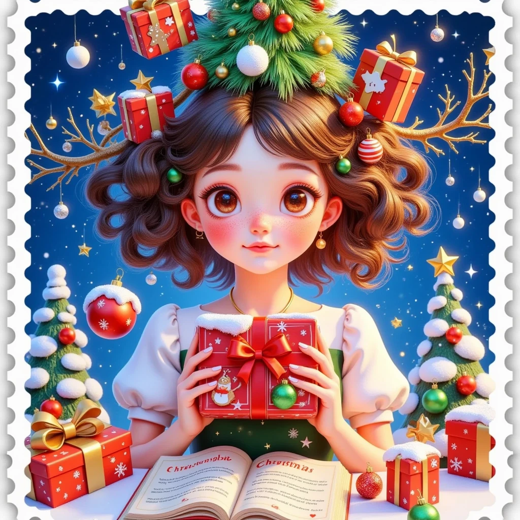 stamps：一个美丽的戴着Christmas tree帽子的女孩在圣诞信前拿着精美的礼物 ，(((The box says Christmas glows )))。 Hair is decorated with gifts +Christmas tree+Hut+Gingerbread Man+Bow。  beautiful face， skin details ，Finding an audience，Official illustrations