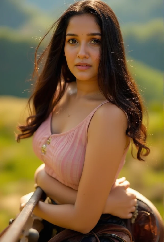 1girl, nude, long hair, on horseback, riding, extremely detailed face and eyes, beautiful detailed lips, high quality, hyper realistic, 8k, photorealistic, masterpiece, glowing skin, flowing hair, natural lighting, golden hour, cinematic, dramatic lighting, stunning landscape, rolling hills, lush greenery, vibrant colors, curvy fit hourglass , sexy fitness body, back view , looking at the viewer 