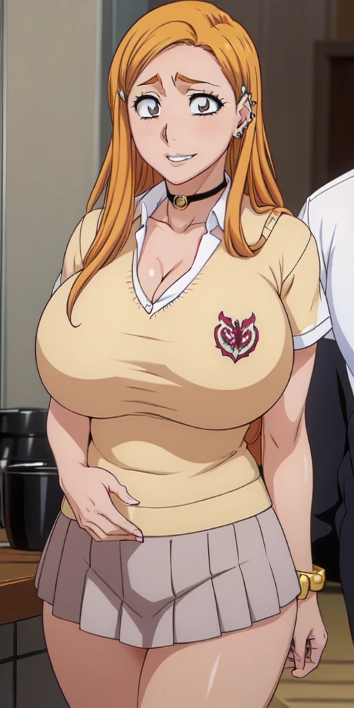 Orihime Inoue,Bleach artstyle,Big breast,Enchanted big breast,Thick lips,Circle piercing in lips,((((White shirt school uniform)))),Cleavage,(((short gray skirt)))Curvy figure,Plump,Hoopa bracelet,Long nail,Side burn visible,look at viewer,(((yellow blond color hair))),((head facing front)),High quality,Highres,Humongous big breast,visible ear,Big cleavage,light blush,((blue Stud earring)),((A lot of piercing)),((black Chocker)),Hyper Detail,((dark colored Skin)),((tanned Gyaru)),Crossing arm,Messy hair,Detailed lips,Colorless lips,puckered lips,unbuttoned collar shirt,mono color hair,((long wavy curly hair)),See throught leopard print bra,Half eyes open,Solo,1girl,light blush,Glossy lips,(((slicked bang hair))),flirty,Enchanted big breast,smug smile,squeeze to show off cleavage,((Nose piercing)),Side swept hair,Half eye open,ease eyebrow,Spider bites piercing