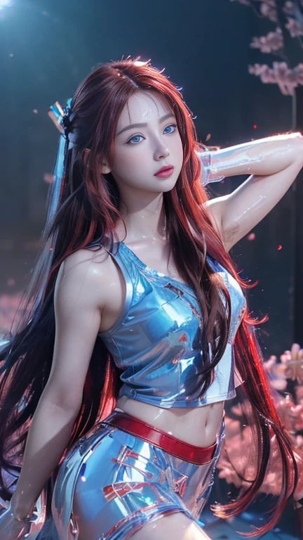 (logo, masterpiece, 8k, table top, RAW photo, wonderful, 最high quality, Photorealistic and hvery detailed CG integrated 8k wallpaper, high quality, very detailed, Narrative poem, particle effects, dynamic effects, written boundary depth, cinematic light, Lens flare, ray tracing)), fantasy, ((1 beautiful woman, clear blue eyes, red long hair, beautiful face, real face, beautiful detailed eyes, beautiful skin, woman dancing gracefully:1.7, woman dancing gracefully:1.7)), 長い髪がWindでなびく, long hair bounces, 長い髪がWindで踊る, hair jump, halter neck, red leather pants, red leather jacket, red bodysuit, silver earrings, ((night, Wind, darkness, moon light, full moon, night空, Wind, cherry blossoms, cherry blossomsの花びらが舞っている, cherry blossoms吹雪, falling petals, flying petals)), hip up