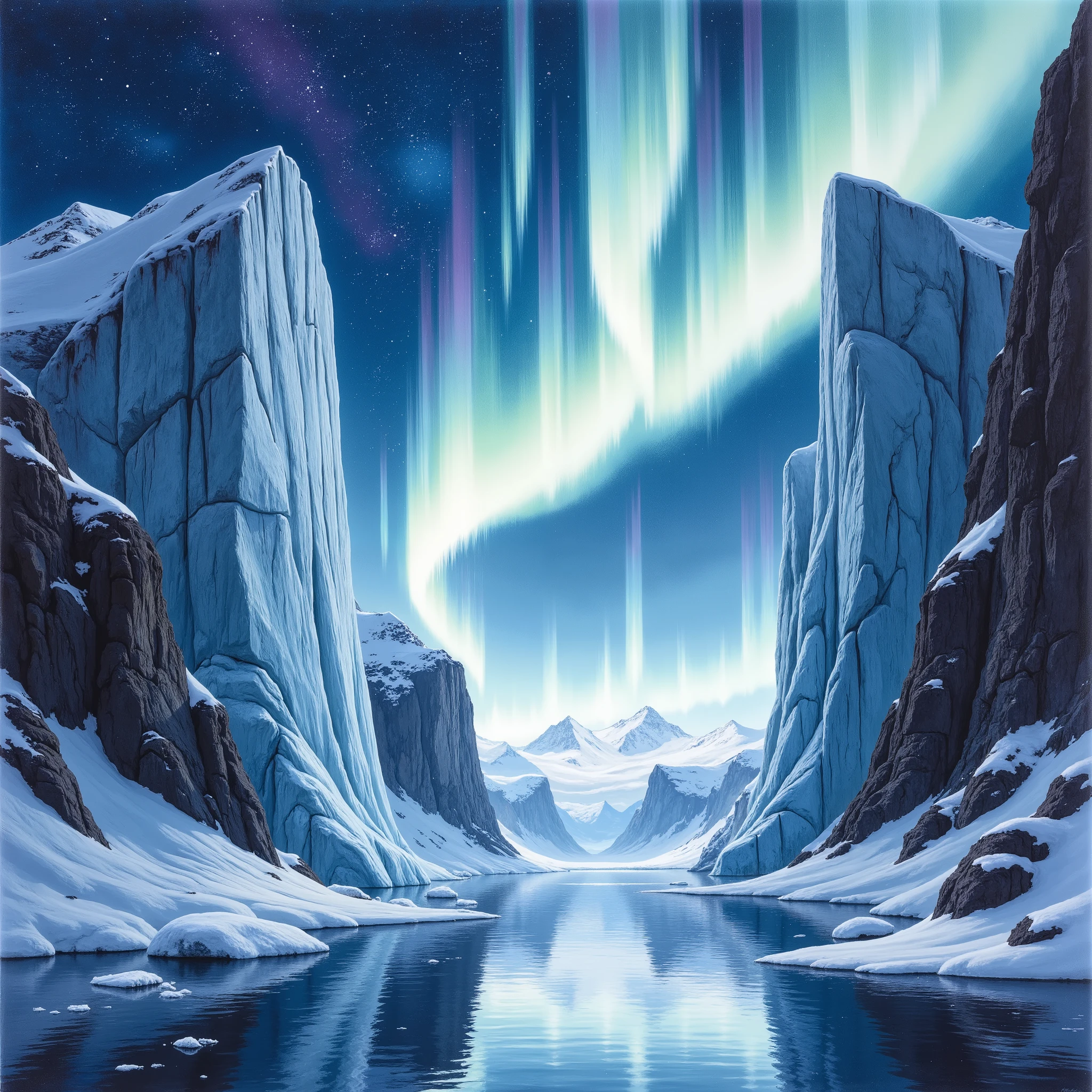 Glaciers and auroras drawn in ink painting。Blurred boundaries、 using light colors、Paint a cold world colorfully