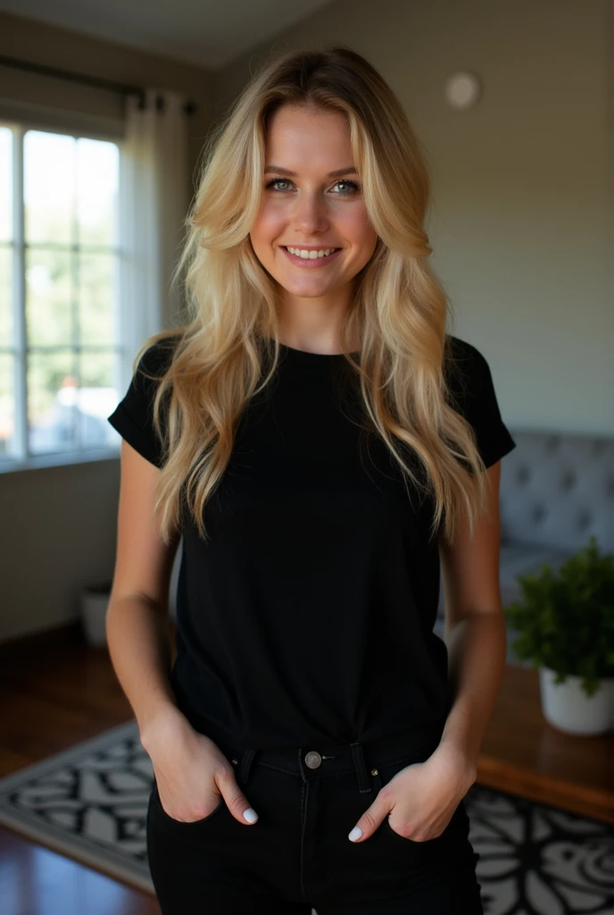 Full body shot of girl, , blonde long hair, wearing a black tshirt and black pants, photofocus, aperture, insanely detailed and complex, character, elegant, beautiful, candid, attractive, eye-catching, hyper realistic, super detailed, in the house, close to the camera, smiling, seductive