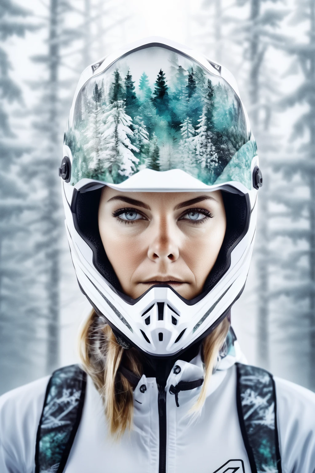 double exposure, solid white background, forest woman,wearing enduro motocross helmet , amazing depth, masterwork, surreal, geometric patterns, intricately detailed, bokeh, perfect balanced, deep fine borders, artistic photorealism , smooth, great masterwork by head of prompt engineering,frozen ice crystals foggy, tale,nature winter
