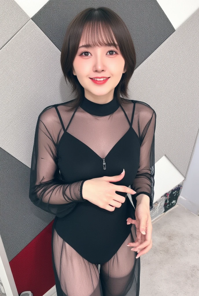 8k, RAW Photo, Best Quality, Masterpiece:1.2),(Realistic, photo-realistic:1.37), Super Detail, She is wearing tight fitting transparent black long sleeve leggings turtleneck , no pants, black pantyhose, cinematic lighting, sexy pose, monotone background, facing front, smiling, portrait, dressed up to the belly button, dressed up to the neck
