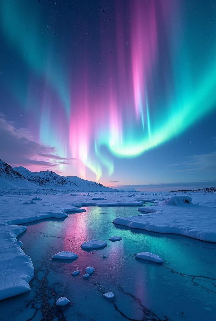 dynamic aurora over an ice landscape, vibrant colors, ethereal atmosphere, starry night sky, reflection on ice, surreal and magical scene, high detail, wide angle