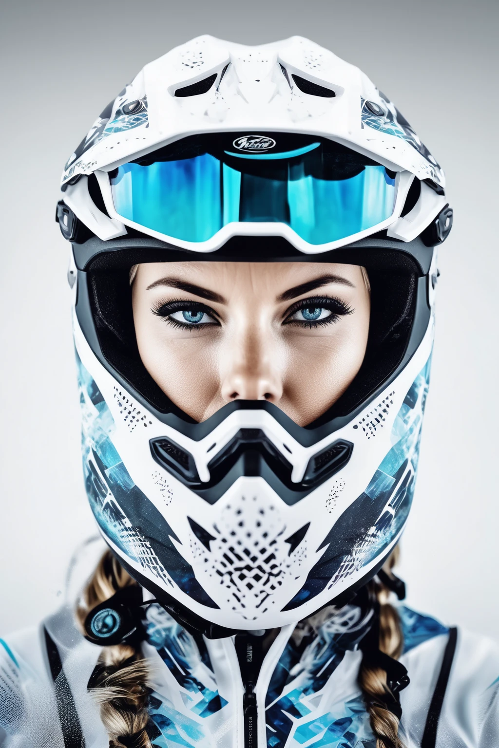 double exposure, solid white background, woman,wearing enduro motocross helmet , amazing depth, masterwork, surreal, geometric patterns, intricately detailed, bokeh, perfect balanced, deep fine borders, artistic photorealism , smooth, great masterwork by head of prompt engineering,frozen ice 
