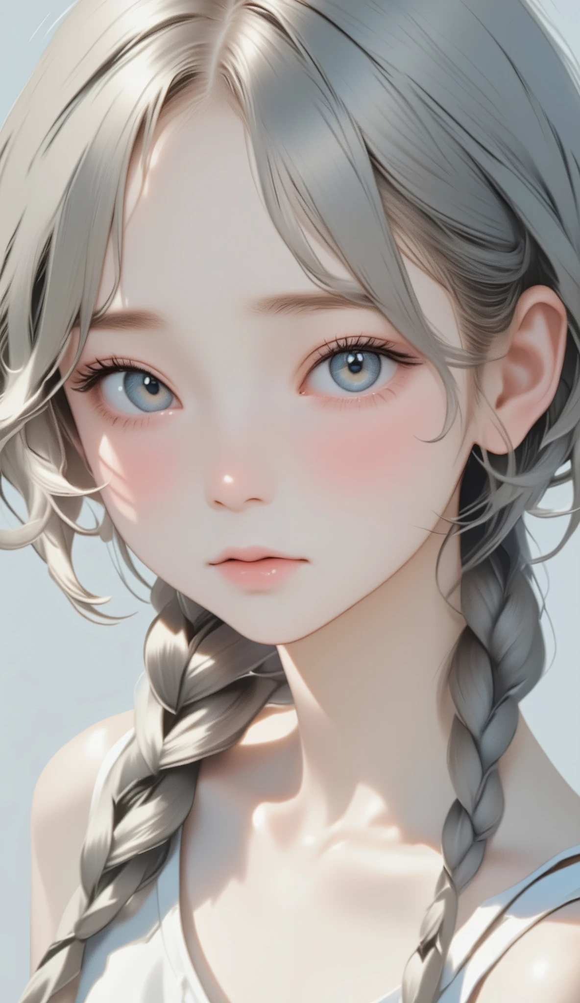 masterpiece、 best quality、 Beautiful Women、 one girl who is at ease、Young girl 、  Details_face_pupil、かわいいface、silky silver hair 、 French braid、Eyebrow problems、 troubled expression、Adorable、