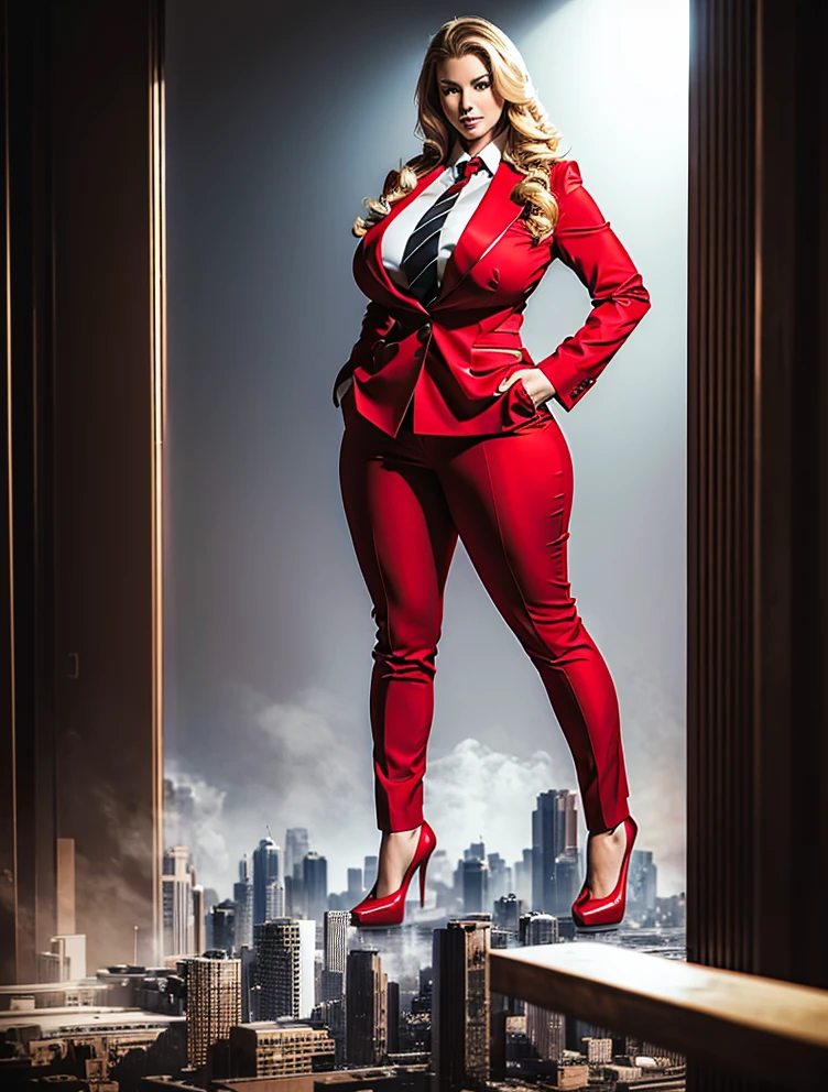 A stylish woman in a red skirt suit, white shirt, and a large wide  striped necktie in a windsor knot, with a beautiful, curvaceous figure, massive breasts, and long blonde wavy hair, with a curvaceous figure and massive breasts. wearing red rounded platform high heels with uncovered feet and standing, rampage-like pose, with a cityscape background of mega-city, partially obscured by a hazy, cloudy atmosphere. The image is a high-resolution, masterpiece-quality, cinematic, ultra-detailed, and hyper-photorealistic photograph, with perfect hands, face, and lighting. ultra-detailed, 8K, photo-realistic, hyper-realistic, masterpiece, intricate details, full body view. Looking at camera, The image is a high-resolution, masterpiece-quality, cinematic, ultra-detailed, and hyper-photorealistic photograph, with perfect hands, face, and lighting. ultra-detailed, 8K, photo-realistic, hyper-realistic, masterpiece, intricate details, full body view