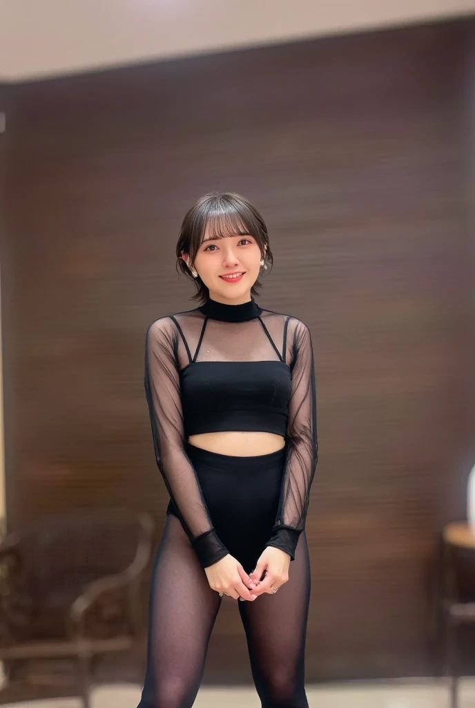 8k, RAW Photo, Best Quality, Masterpiece:1.2),(Realistic, photo-realistic:1.37), Super Detail, She is wearing thin tight fitting transparent black long sleeve turtleneck , no pants, black pantyhose, cinematic lighting, sexy pose, monotone background, facing front, smiling, portrait, dressed up to the belly button, dressed up to the neck
