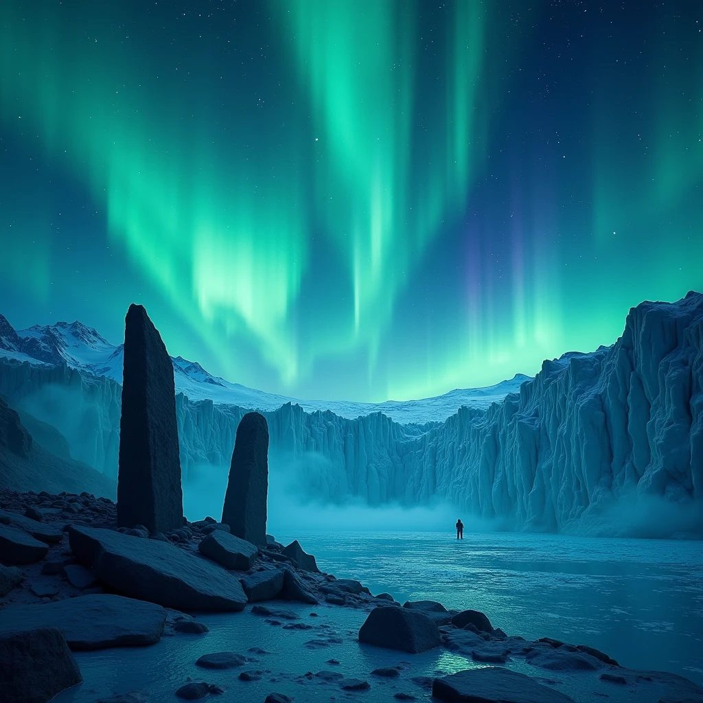 An enchanting scene of the Aurora Borealis glowing vividly over a massive, icy glacier under a star-studded night sky. The shimmering lights cascade in waves of green, blue, and violet, reflecting off the jagged, crystalline surface of the glacier. In the foreground, mysterious dark silhouettes of ancient, weathered monoliths stand partially buried in the ice, their carvings glowing faintly with an otherworldly luminescence. A soft mist rises from the glacier’s crevasses, adding an ethereal veil, while distant, shadowy figures seem to move near the horizon, shrouded in mystery. The atmosphere is hauntingly beautiful, filled with an unexplainable sense of wonder and secrecy.