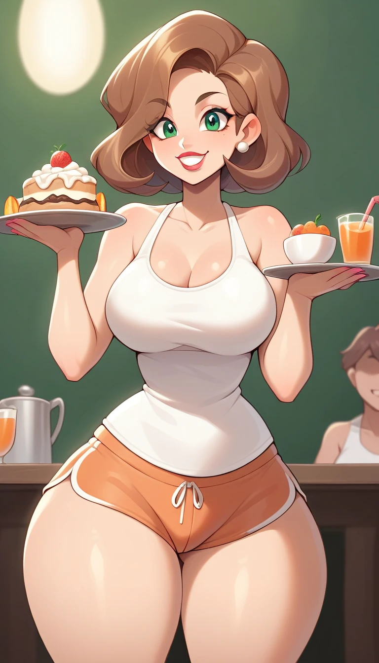    there is a woman holding a plate of food (Salads),  Waitress costume    (  Tight white tank top shirt and very short orange dolphin shorts),   thick thighs  , smile,   Brown hair,   green eyes, makeup, lipstick,  beautiful body ,  thin waist , vista inferior, highly detailed,   silhouette , 8k,   vibrant colors ,  Futurist-looking snack bar , 