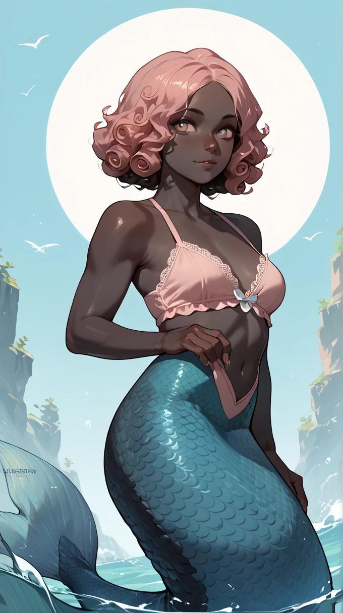 black skin, mermaid, black, curly hair, African ancestry, light pink and blue scales