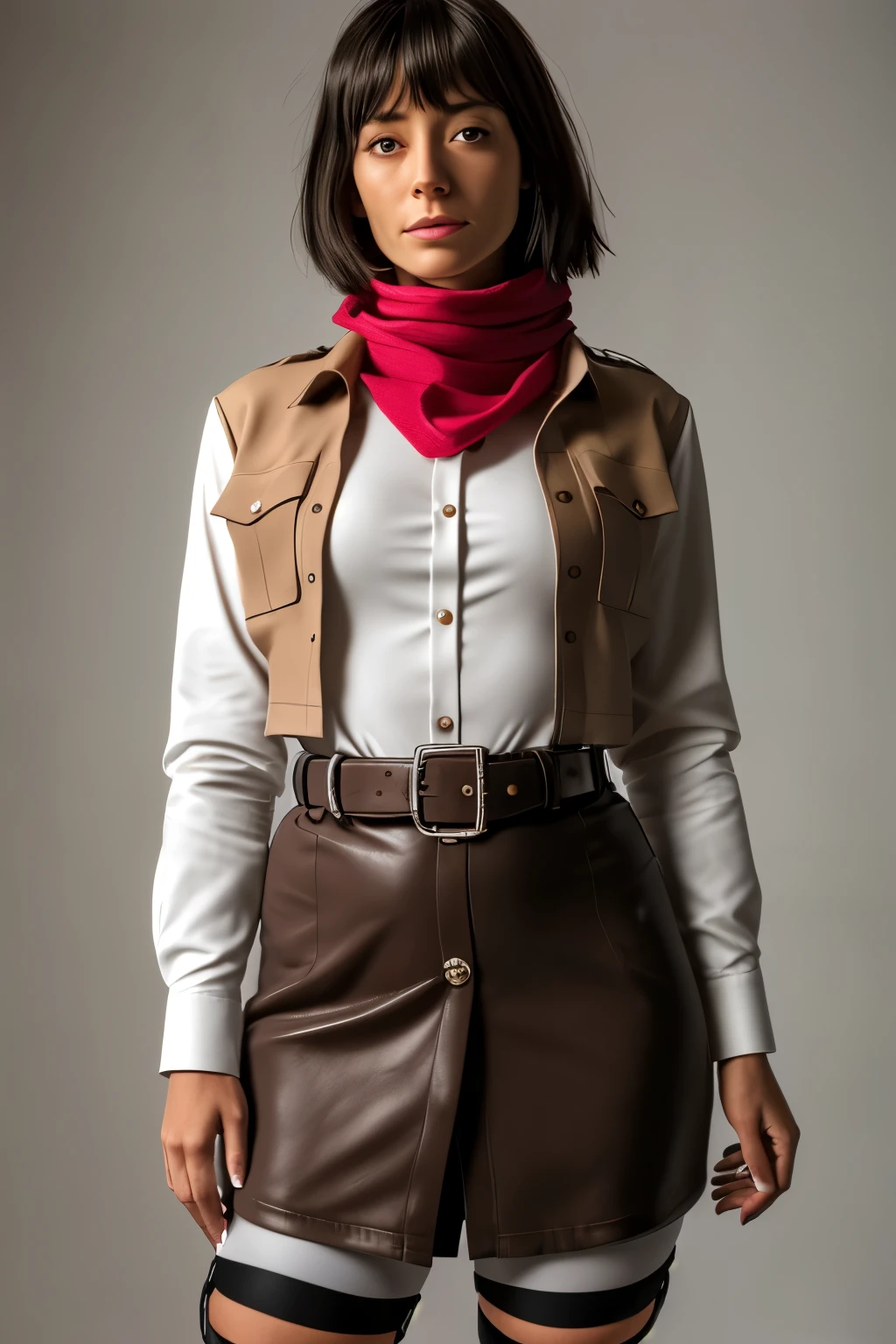 masterpiece, (Realistic:1.4), highest quality, Beautiful lighting, 
Mikasa Ackerman, shingeki no kyojin, One girl, bangs, belt, belt buckle, Iris, Black Hair, brown belt, brown Jacket, buckle, dress shirt, Hair between the eyes, Jacket, Long sleeve, Medium Hair, Open clothes, open Jacket, Paradis military uniform, red scarf, scarf, shirt, alone, Are standing, Straight hair, suspenders, White Background, white shirt, Wing Color
, Intricate details, Natural light, RAW Photos, 8K Ultra HD, Film Grain   , medium breast, show nipples, show vagina, open legs:1.5, wide open legs